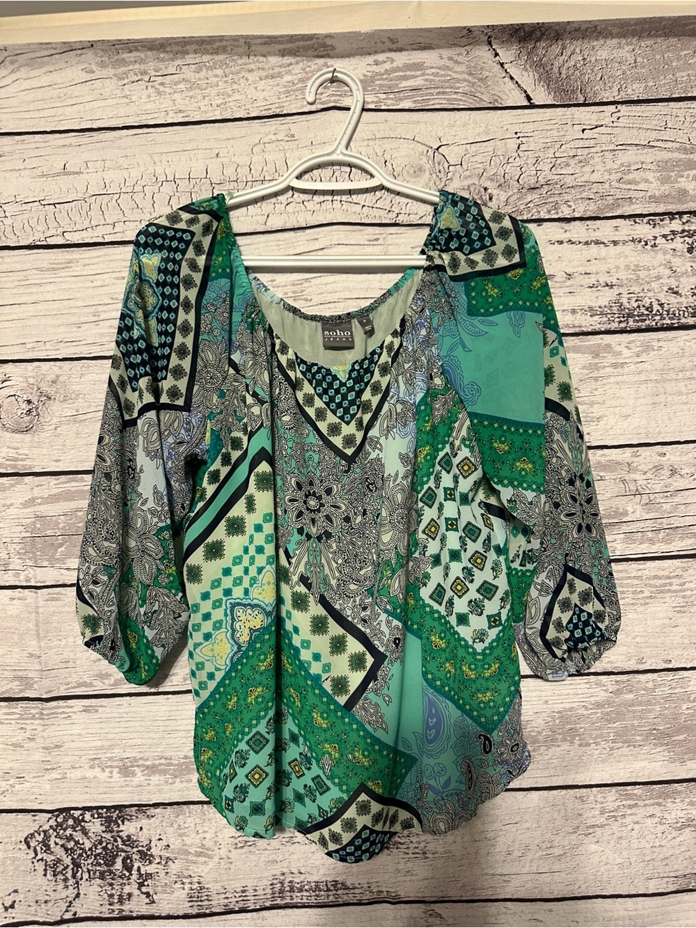 Soho New York & Company Boho Patchwork Print Peasant Blouse Medium